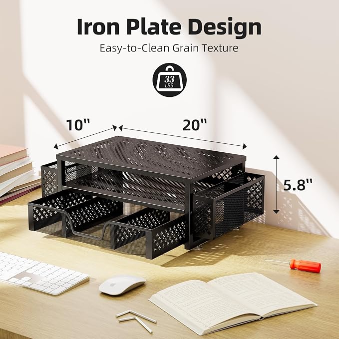 Simple Trending 2-Tier Metal Monitor Stand with Drawer & Pen Holder, Black | 20"W x 10"D x 5.8"H. Metal mesh cooling prevents overheating. 2-tier + drawer + pen holders. Non-slip. Fits laptop & monitor.