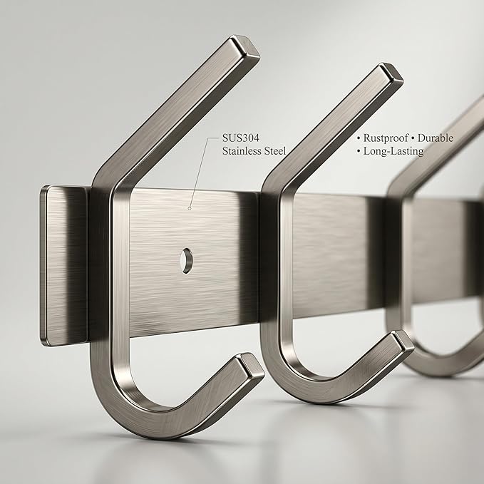 Coat Rack Wall Mount – Brushed Nickel 15 Inch Stainless Steel Hook Rail with 5 Heavy Duty Double Coat Hooks – Wall Mounted Coat Hanger for Entryway, Bathroom, Bedroom, Towel, Hat Organizer