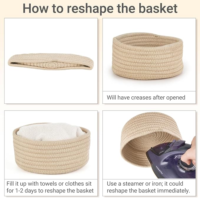 Dahey 4 Pcs Mini Woven Baskets Set, Small Cotton Rope Storage Bins for Organizing, Cute Tiny Round Decorative Baskets for Gifts, Living Room Bathroom Home Decor, 7.09" W x 3.15" H, Beige