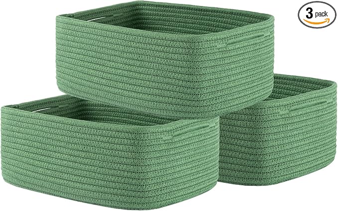 KALLAX Small Woven Storage Basket for Organizing, 13.5x9.5x5 inches, 3 Pack | Shelf baskets for closet organization, toy storage and home decor, Perfect as empty gift baskets for holidays, Green