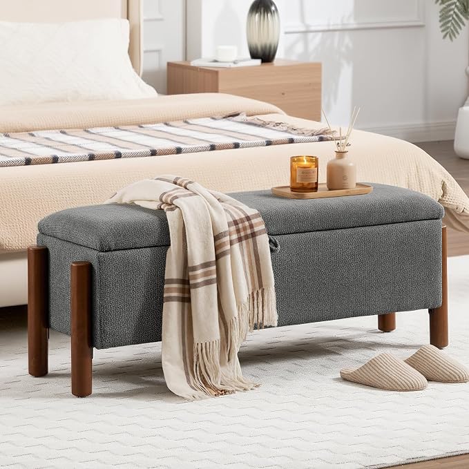 47'' Modern Storage Ottoman Benches with Walnut Wood Legs Ottoman Bench with 22 Gallons Storage Space Fabric Upholstered Seating End of Bed Bench for Bedroom for Livingroom Darkgrey