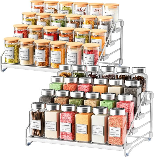 2 Pack Spice Rack Organizer for Cabinet, Depth Adjustable 4 Tier Spice Rack | Silver, Metal Spice Organization for Cabinet, Easy Visibility, Tiered Spice Rack Perfect for Cabinet, Pantry and Countertop