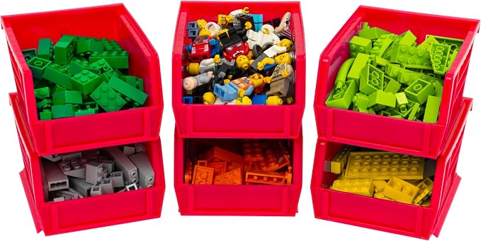 Akro-Mils 30210 AkroBins Plastic Storage Bins, Space-Saving Stackable Bins for Garage, Pantry, Craft Organization, 5" x 4" x 3", Red, 6-Pack