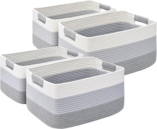 4 Pack Large Storage Basket for Organizing, 17.5"x13"x7" Woven Basket for Shelves, Closet Cube Storage Bins with Wrapped Handle, Cotton Rope Baskets for Kitchen, Clothes, Toys(Gradient Grey)
