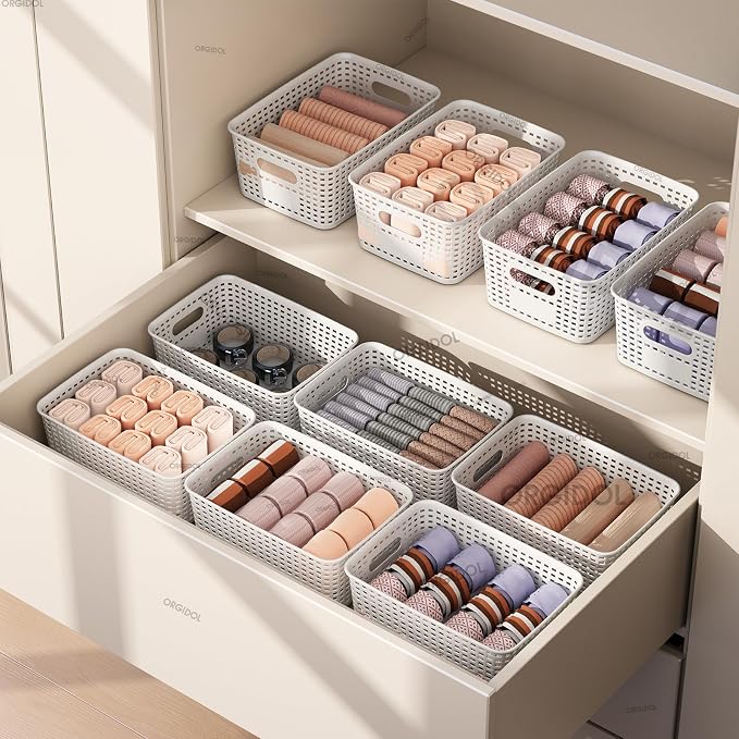 ORGIDOL Plastic Storage Basket with Lids 10 Pack Stackable Storage Bins Containers with Lid, Decorative Storage Boxes for Organizing Shelves, Drawers, Playroom, Classroom, Office, Closet, White