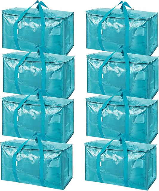 TICONN 8 Pack Extra Large Moving Bags Heavy Duty with Zippers & Carrying Handles, Durable Storage Bags Moving Boxes for Closet Organizers and Storage (8 Pack, Aqua)