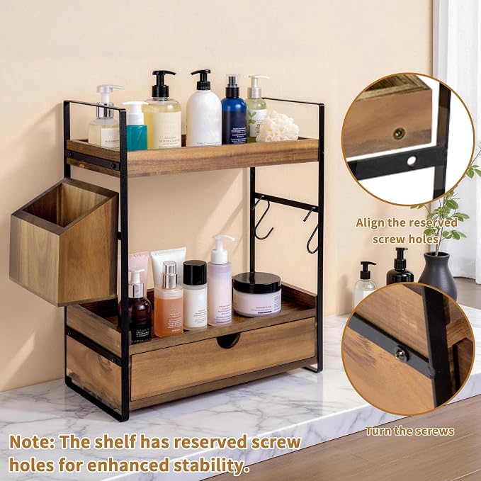 2-Tier Bathroom Counter Organizer, Acacia Wood Vanity Shelf with Drawer | Pre-Drilled Holes, Skincare & Makeup Countertop Organizer and storage, Acacia Dark Brown
