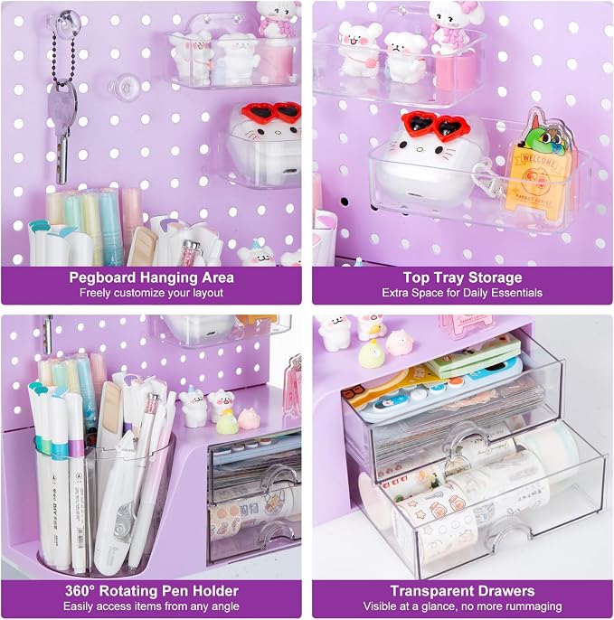 Comix Desk Organizer with 2 Drawer, Purple 360 Rotating Pen Holder for Desk | Desk Organizers and Accessories with 5 Slots Pencil Holder+Pegboard+Drawer, Pen Organizer for Home School Art Office Supplies