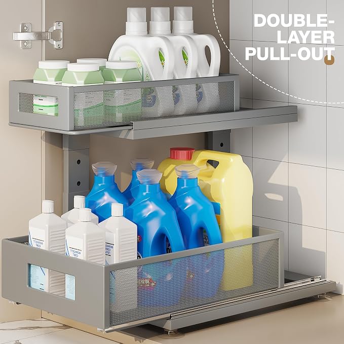 2 Pack 15.74IN-Depth Under Sink Organizer With Next-Gen Ball-Bearing Slides,2-Tier Pull Out Cabinet Storage,Height Adjustable Drawer Shelf for Bathroom,Kitchen,Laundry,Cabinet,Pantry-Gun Gray
