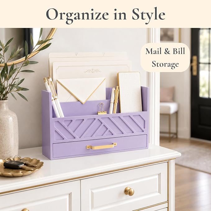 BLU MONACO | Wooden Mail Organizer Countertop with Drawer | Tabletop Organizer with Drawers for Desk | Mail Sorter Organizer Countertop Letter Paper Holder