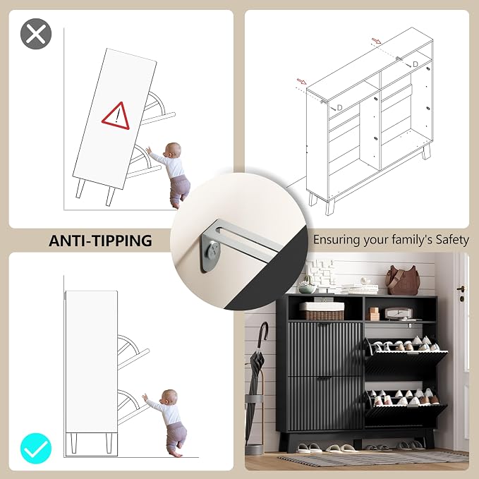 Shoe Cabinet Storage for Entryway with 4 Flip Drawers, Fluted Narrow Shoe Organizer with Wooden Legs & Top Cubby, Freestanding Slim Shoe Storage Hidden Shoe Rack for Front Door Entrance, Black