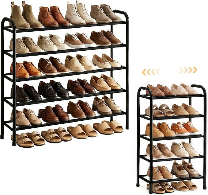 ENJOYBASICS 5 Tier Expandable Shoe Rack for Closet, Free Standing Metal Shoe Shelf Storage Organizer Holder 20 Pairs, Adjustable Width Shoe Rack for Entryway Small Space, Black