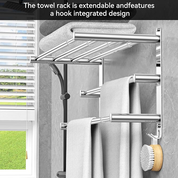 CAXIMSY Adjustable Towel Bar for Bathroom Wall Mount17-30.7inch Adhesive Shower Towel Rack Stainless Steel Bath Towel Holders for Toilet Kitchen Double Towel Hanger (3-Layer Towel Rack)