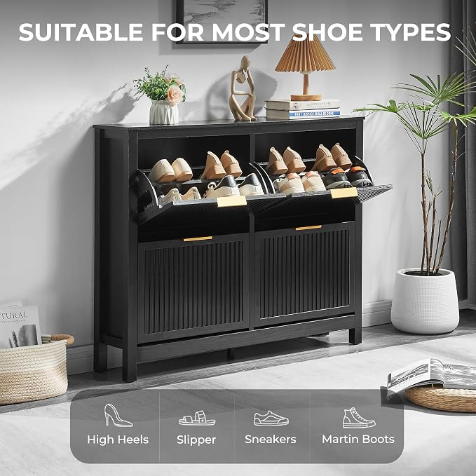 4-Flip Drawer Shoe Cabinet Narrow Entryway Rack, Black | Vertical Wood Grain, Metal Handles, Adjustable Compartments, Removable Shelf, Anti-Tip Device, for Hallway Foyer Entryway