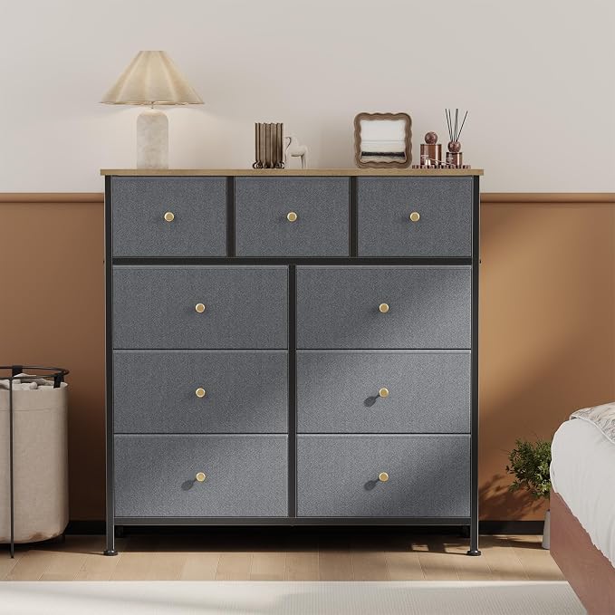 OLIXIS 9 Drawer Tall Dresser for Bedroom, Closet Organizers and Storage | Fabric Dresser with Wooden Top, Chest of Drawers for Clothes Storage, Tower Cabinet, Furniture, TV Stand, Gray Blue