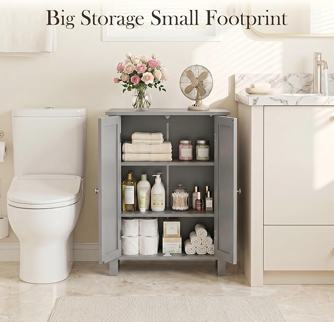 SUPER DEAL Modern Bathroom Floor Storage Cabinet with Adjustable Shelf and Double Door Rust Proof, Living Room Modern Home Furniture Storage Organizer Cabinet, Grey