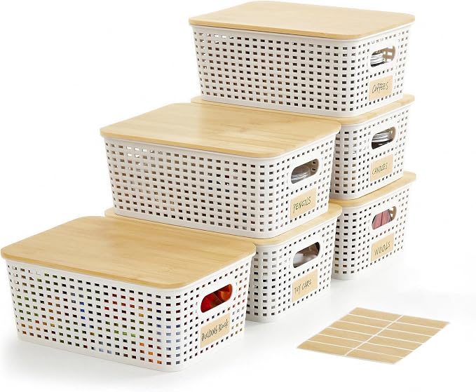 Bagnizer Small Plastic Storage Bins with Bamboo Lids 5.2qt Stackable Box Basket Pantry Decorative Containers Cute with Labels for Organizing Desktop Closet Office Cream White of 6 packs 10*7.2*4.1"