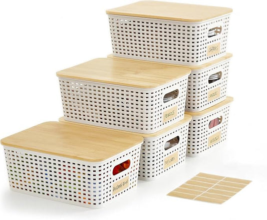 Bagnizer Small Plastic Storage Bins with Bamboo Lids 5.2qt Stackable Box Basket Pantry Decorative Containers Cute with Labels for Organizing Desktop Closet Office Cream White of 6 packs 10*7.2*4.1"