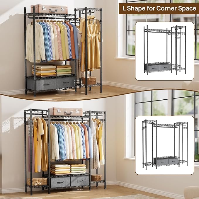 Golpart Heavy Duty Clothing Rack with Adjustable Shelves Clothes Wardrobe | Coat Rack Metal Closet Organizer and Storage Garment Rack for Hanging Clothes Wire Portable Cloth System Free Standing Black