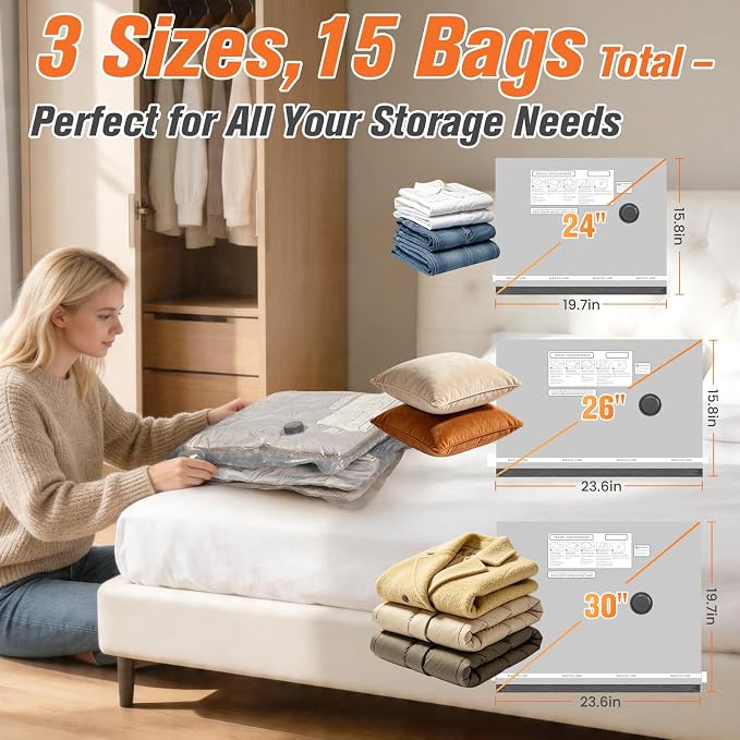 18 Pack Vacuum Storage Bags for Travel with Rechargeable Cordless Pump, Space Saver Bags for Clothes, Compression Packing Bags for Luggage and Suitcase, 18 Combo Size