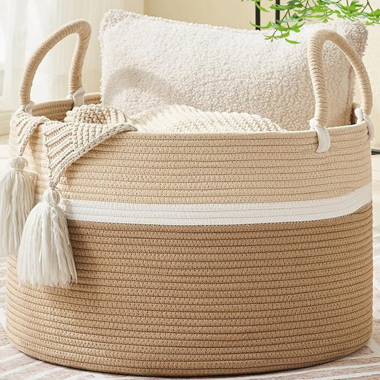 KAKAMAY Large Blanket Basket with Handles, Storage Basket for Living Room | Extra Large Capacity | Natural Cotton Rope | Blanket Storage | Woven Storage Basket | Stuffed Animal Storage | Laundry Basket