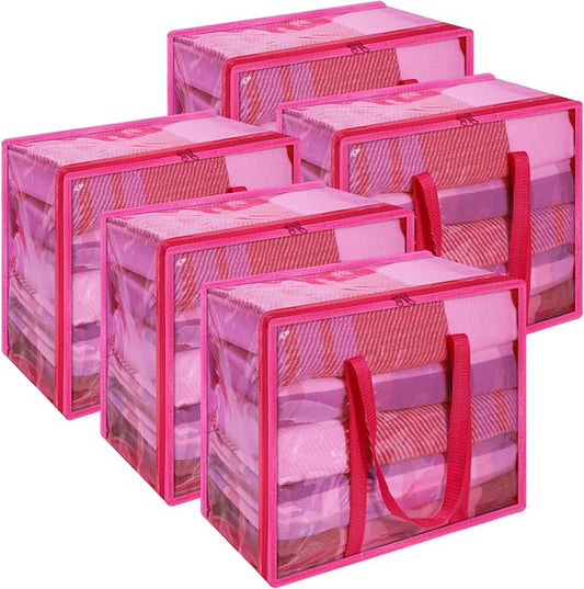 Vieshful Pink 40L Clear Clothes Storage Bag with Zipper 5 Pack | Colorful Clothes Organizer Vinyl Storage Bag for Comforter, Blanket, Bedding, Duvet, Transparent Moving Totes