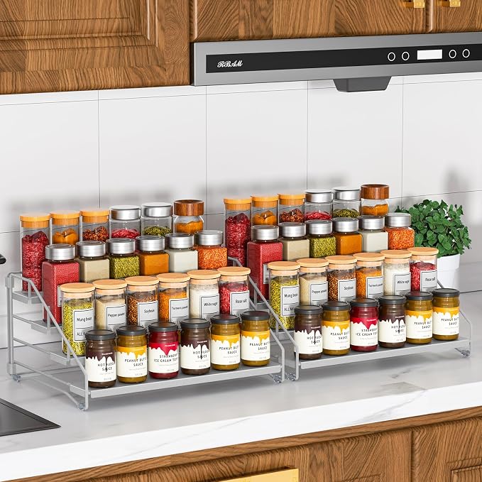 2 Pack Spice Rack Organizer for Cabinet, Depth Adjustable 4 Tier Spice Rack | Silver, Metal Spice Organization for Cabinet, Easy Visibility, Tiered Spice Rack Perfect for Cabinet, Pantry and Countertop