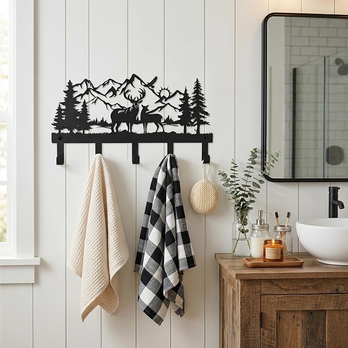 Deer Mountain Metal Key Holder Wall Mount Key Holder for Wall Rustic Cabin Decor Key Rack Hooks Hanger Woodland Wildlife Wall Art Entryway Organizer Housewarming Hunting Gifts