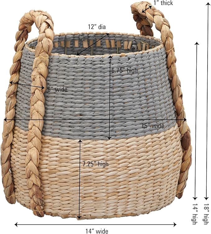Household Essentials Handwoven Cattail and Paper Rope Terra Basket Decorative Storage Organizer, Natural and Gray Finish