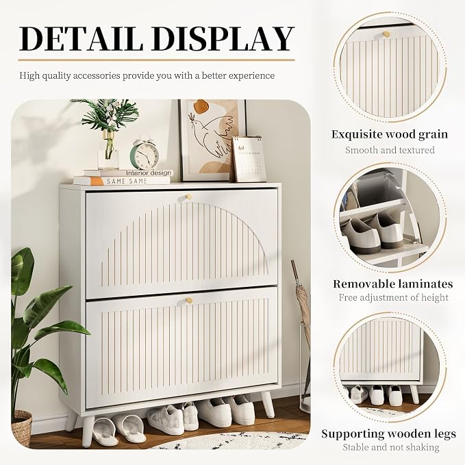 Fsbecl Shoe Storage Cabinet for Entryway with 2 Flip Drawers, Narrow Wood Shoe Cabinet with Fluted Panel, Freestanding Hidden Shoe Organizer for Hallway