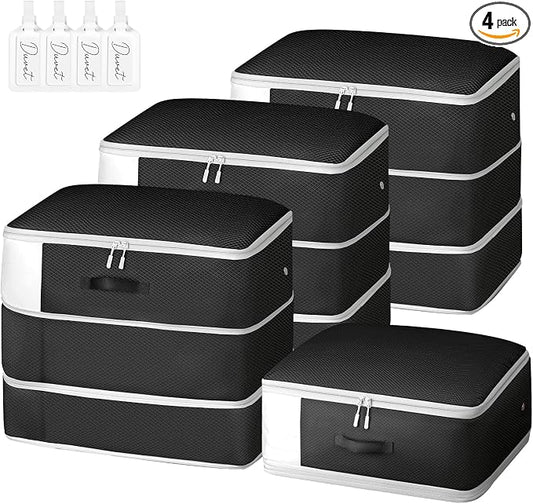 Comforter Storage Bag - Large Capacity Blanket Storage Bags 3-Layer Ultra Space Saving Self Compression Organizer, Washable Compression Bags for Storage Comforter Blanket, 4-Pack, Black