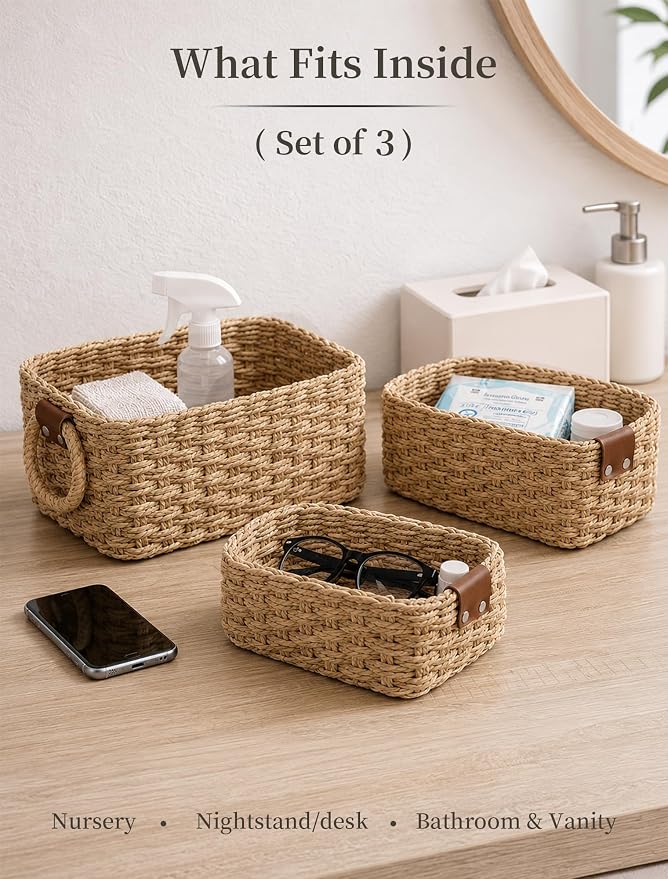 Small Wicker Baskets, 3 PCS Paper Rope Baskets for Shelves, Brown | Recycled Small Baskets, 3 Sizes Woven Baskets for Organizing, Decorative Storage Baskets for Bedroom and Bathroom