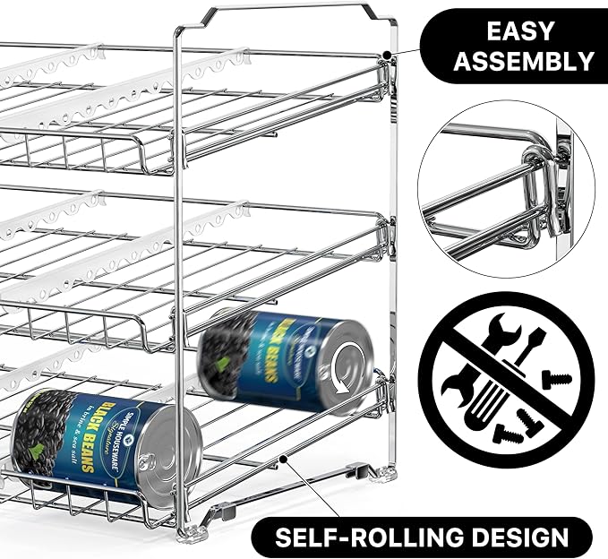Simple Houseware 3-Tier Stackable Can Organizer Rack Hold 36 Cans, Chrome | Can Food Storage Dispenser for Pantry/Cabinet, Adjustable Dividers – 11.5" D x 17" W x 13.75" H