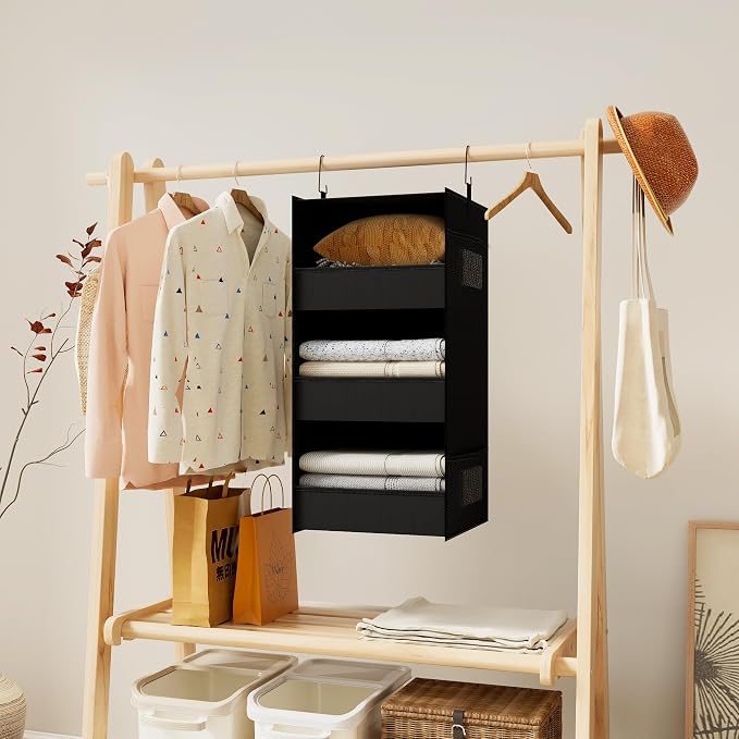 3-Shelf Hanging Closet Organizer, Washable Foldable Storage Shelves, Black | Front lip keeps items secure; side pockets add room; Oxford fabric handles towels, shirts, baby items, dorms, RVs or travel.