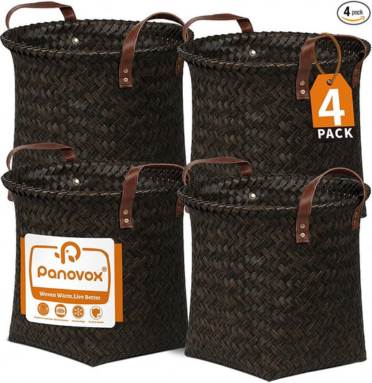 Wicker Storage Baskets, 4 Pack Woven Baskets for Shelves, Dark Gold | PP Rattan, Water-resistant Wicker Basket, Large Baskets with Faux Leather Handles for Blanket, Laundry Organizer, Room Decor
