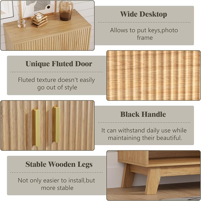 HUANLEGO Shoe Cabinet Storage for Entryway with Doors, Oak | 5 Tier Fluted Shoe Organizer with Adjustable Shelves, Shoe Storage with Wooden Legs, Freestanding Shoe Rack for Entryway
