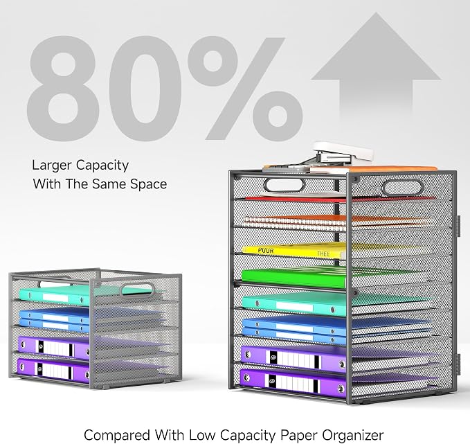 Cawukege 9 Tier Paper Organizer with Handle, Large Capacity Desk Organizer Mesh File Folder Letter Paper Tray Desktop Document Sorter for Classroom, School, and Office Accessories Organization - Grey
