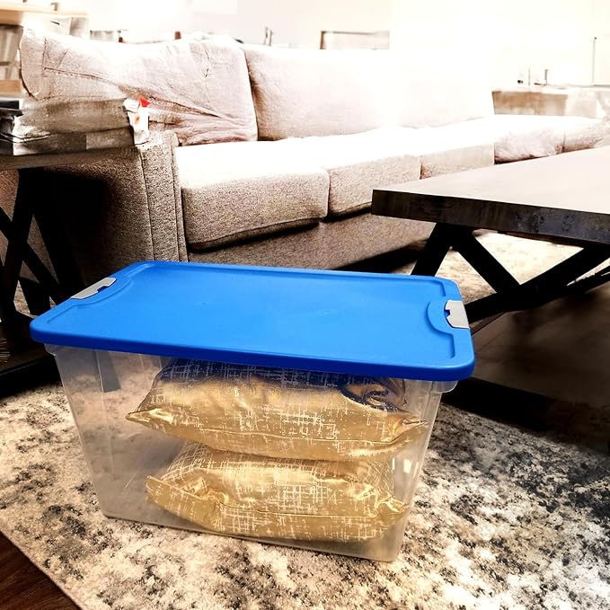 HOMZ Clear Plastic Storage Bin with Secure Latching Blue Lid, 64 Qt, 2 Pack | Heavy-Duty Stackable Containers, Large Organizer Box for Homes, Offices, and Garages