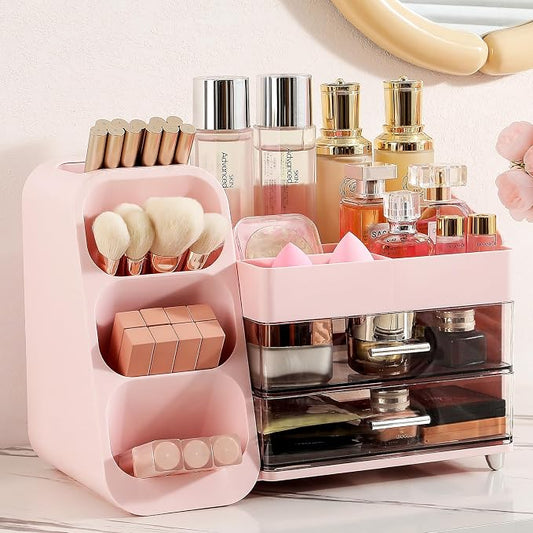 Aveniee Makeup Organizer with Drawers, Vanity Organizer for Bathroom Countertop, Large Cosmetics Skincare Display Case Desk Storage for Perfume Jewelry Lipsticks (Pink)
