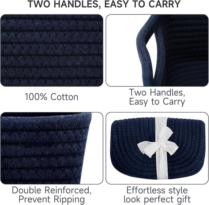 3-Pcs Shelf Baskets for Organizing, Closet Organizer Bins, Small Woven Baskets, Rope Toy Basket, Storage Basket for Shelves, Cube Decorative Box, 11.8×7.8×5.1”|Navy Blue