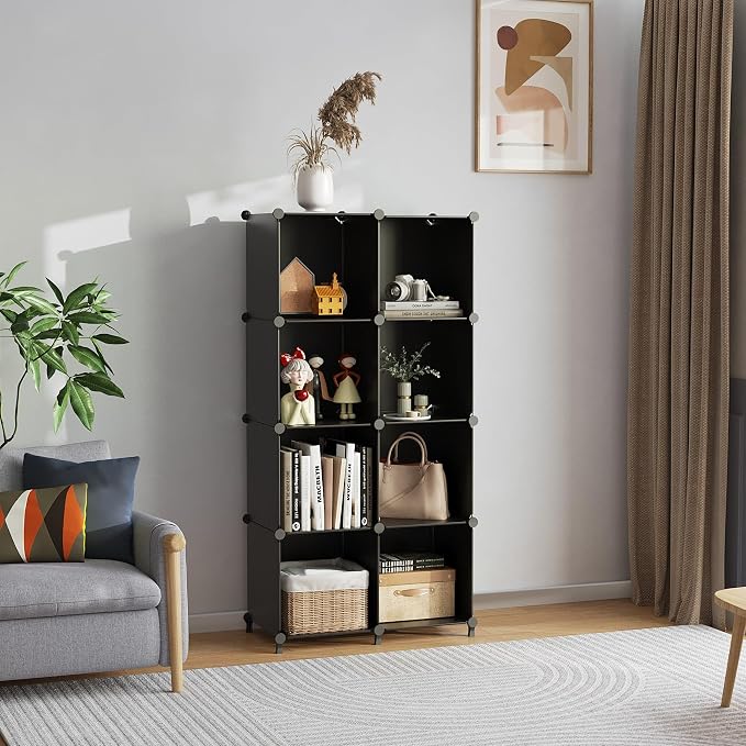 AWTATOS 8 Cube Storage Organizer, Closet Organizer Storage Shelf, Black | DIY Stackable Storage Cubes Shelves for Closet, Bookcase Bookshelf, Plastic Shelving for Bedroom, Home Office