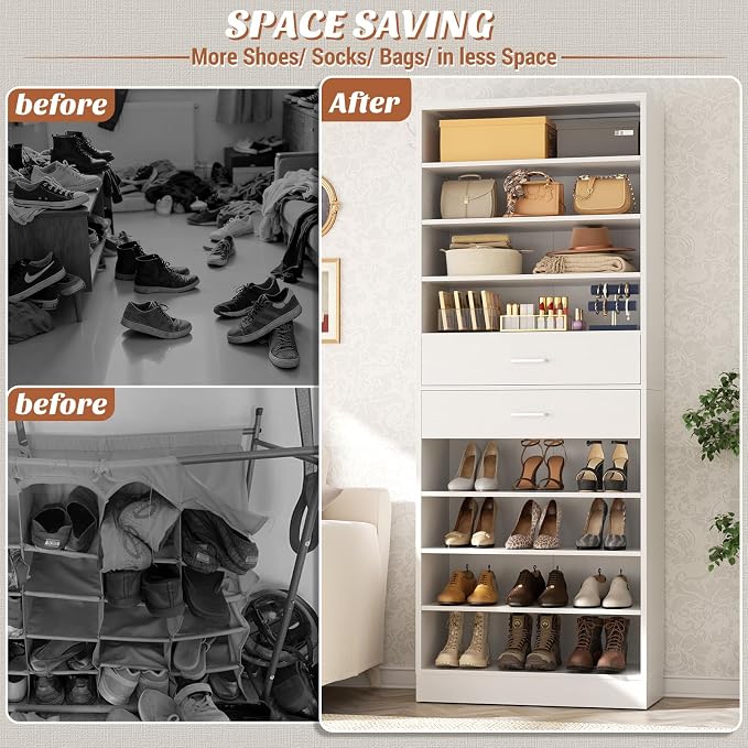 Aheaplus Tall Shoe Cabinet, 10 Tiers Wood Shoe Rack, Vertical Shoe Storage Organizer with 2 Drawers, Narrow Shoe Shelf Tower for 24-28 Pairs, Space Saving, for Closet, Entryway, Bedroom, White