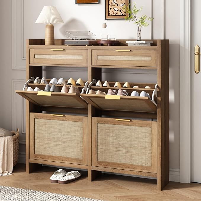 HOKYHOKY Large Rattan Shoe Storage Cabinet with 4 Flip Drawers & 2 Storages | Hidden Slim Shoe Organizer, Farmhouse Boho Narrow Shoe Rack, Large Tabletop Space, Entryway, Rustic Oak