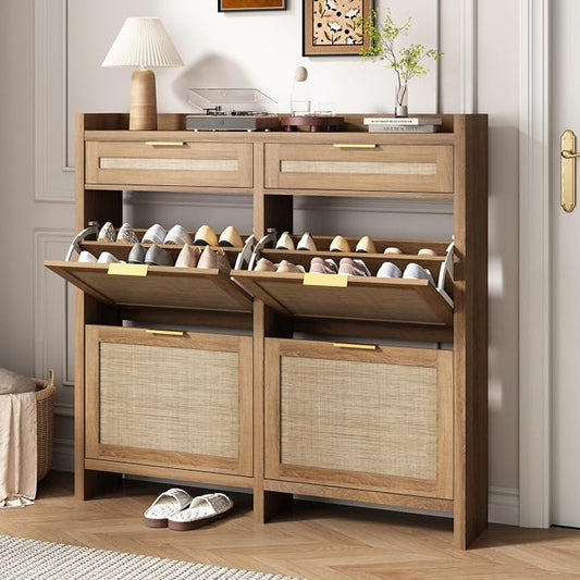 HOKYHOKY Large Rattan Shoe Storage Cabinet with 4 Flip Drawers & 2 Storages | Hidden Slim Shoe Organizer, Farmhouse Boho Narrow Shoe Rack, Large Tabletop Space, Entryway, Rustic Oak