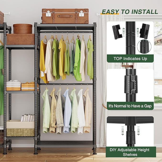 LEHOM G6 Clothes Rack, Heavy Duty Freestanding Garment Rack with Shelves | Metal Clothing Closet Wardrobe Storage System for Hanging Clothes (7 Shelves), 76.8"D x 17.7"W x 74.4"H, Hold 800 lbs, Black