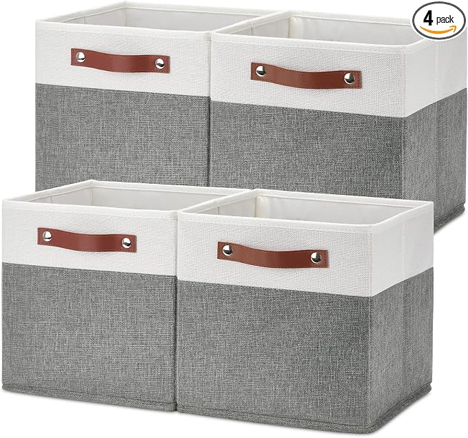 Temary Cube Storage Bins 4 Pack Storage Cubes 11?11 Fabric Storage Bins Foldable Cube Storage Baskets with Handles, Collapsible Storage Basket for Shelf (White & Grey, 11 x 11 x 11)