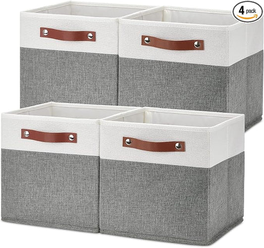 Temary Cube Storage Bins 4 Pack Storage Cubes 11?11 Fabric Storage Bins Foldable Cube Storage Baskets with Handles, Collapsible Storage Basket for Shelf (White & Grey, 11 x 11 x 11)