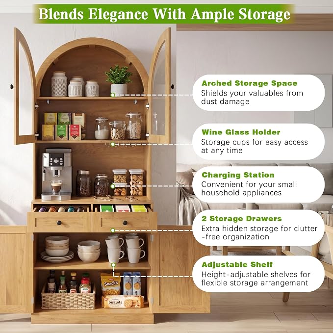 Merax 75" Tall Bookcase,Arched Pantry Cabinet with Adjustable Shelves | Farmhouse Bookshelf Coffee Bar with Charging Station Open Countertop for Office,Kitchen,Dining Room,Living Room,Oak