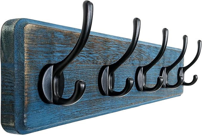 Coat Rack Wall: Patented, Heavy-Duty, 5-Double-Hooks Wooden Wall Mounted Coat Rack Coat Hanger Hook Rail for Winter Coats Hat Jacket Clothing, Weathered Blue