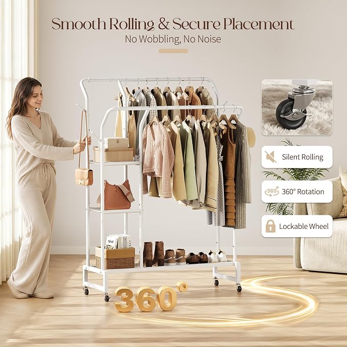 Yoobure Double Rods Clothes Rack - Portable Clothing Rack with Wheels, Rolling Garment Rack with 3-Tier Shelves & 4 Hooks, Freestanding Clothing Racks for Hanging clothes, Coat Rack for Closet Bedroom